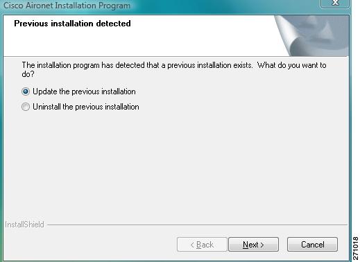 Figure 8 Cisco Aironet Installation Program Previous installation detected Window Step 5 Click Update the previous installation.