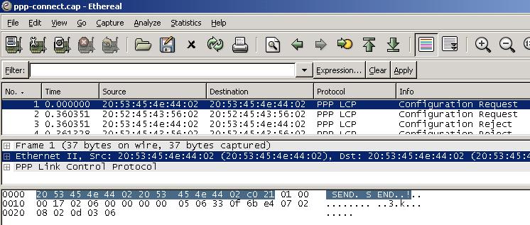 Figure 1: SEND Address in the Ethernet II Header If you look in Figure 1 above, you ll notice that the Ethernet II data has been selected in one of the LCP packets.
