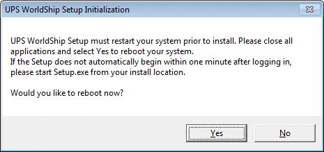 2. The UPS WorldShip Set-up Initialisation window appears and asks if you want to reboot