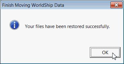If you selected the Finish Moving WorldShip Data check box, the Finish Moving WorldShip Data window shows the progress as the files