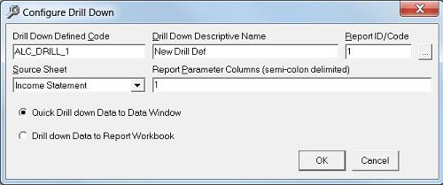 The Properties of a Drill-Down Definition are listed below: Drill Down Defined Code: A unique code for the Drill-Down within the Excel Book Drill Down Descriptive Name: A meaningful name used to