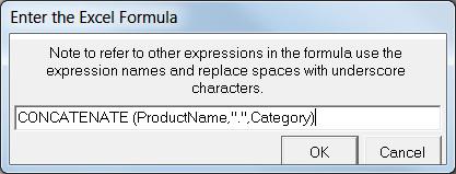 To add an Excel Formula from the Add Data Expression window: 1. Once you choose Excel Formula you are prompted to type in name for the expression as shown below: 2. Type in a name then click OK.