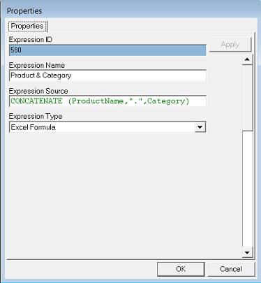 Here the standard Excel CONCATENATE function has been used to combine the contents of the two Data fields ProductName and Category and with a dash in between them.