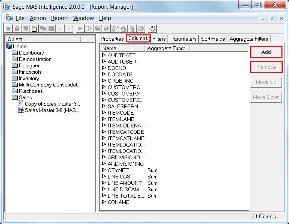 Getting Started Guide Sage MAS Intelligence 90/200 Columns Tab The columns window lists the columns that make up the Excel