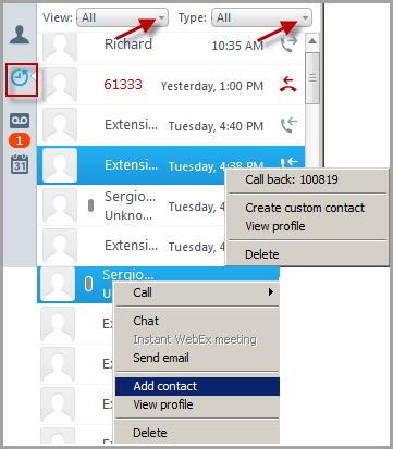 From the Type menu select the type of call history you would like to display. Calls you have placed are indicated with grey text and include a phone icon with an arrow pointing to the right.