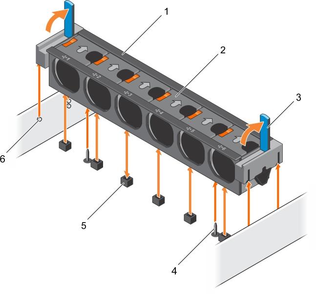 Figure 14. Removing the cooling fan assembly a. cooling fan assembly b. cooling fan (6) c. release lever (2) d. guide pin on the system board (2) e. cooling fan connector (6) f.