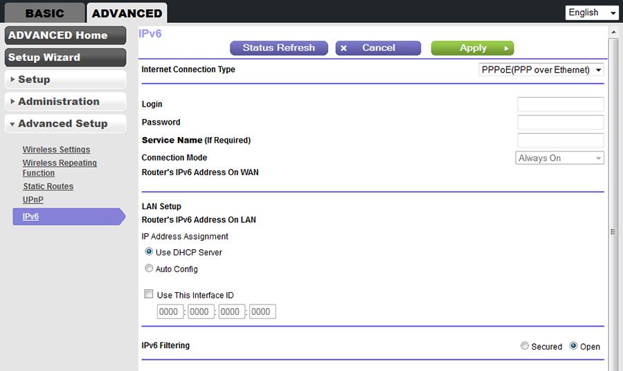 The BASIC Home screen displays. 5. Select ADVANCED > Advanced Setup > IPv6. The IPv6 screen displays. 6. From the Internet Connection Type menu, select PPPoE. The screen adjusts.
