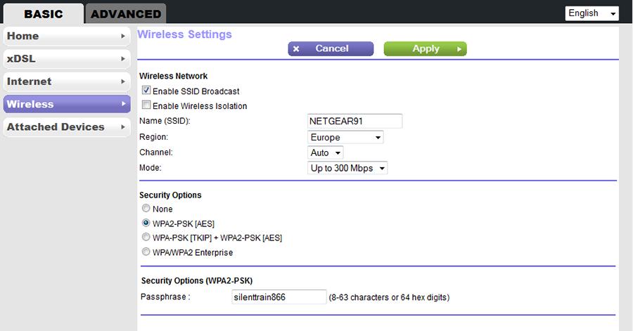 6. View or change the basic WiFi settings and security settings. The following table describes the fields on the Wireless Settings screen.