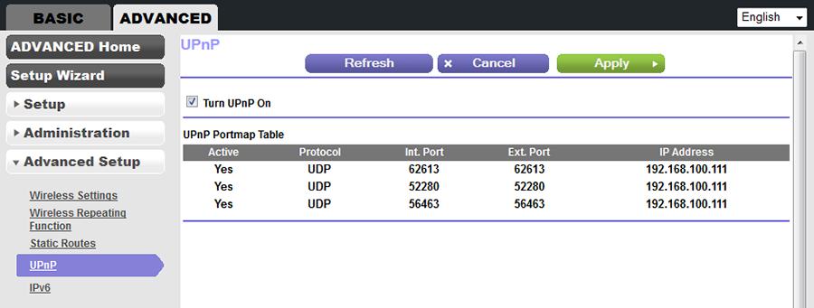 The UPnP Portmap Table displays the IP address of each UPnP device that is accessing the modem router and which internal and external ports that device opened.