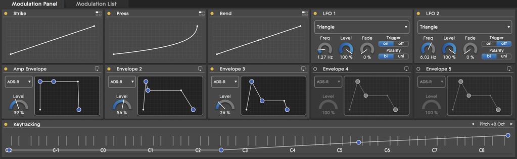 4. Modulation The Modulation section in the lower half of Equator plays an important role in shaping the sound and making it very quick and easy to apply modulation to different parameters.