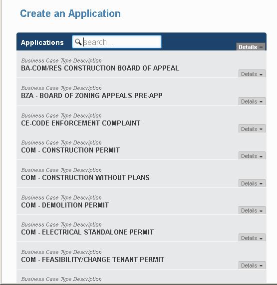 Type in the box or scroll through the list of potential case/permit types that can be submitted via the Cityworks Public Portal.