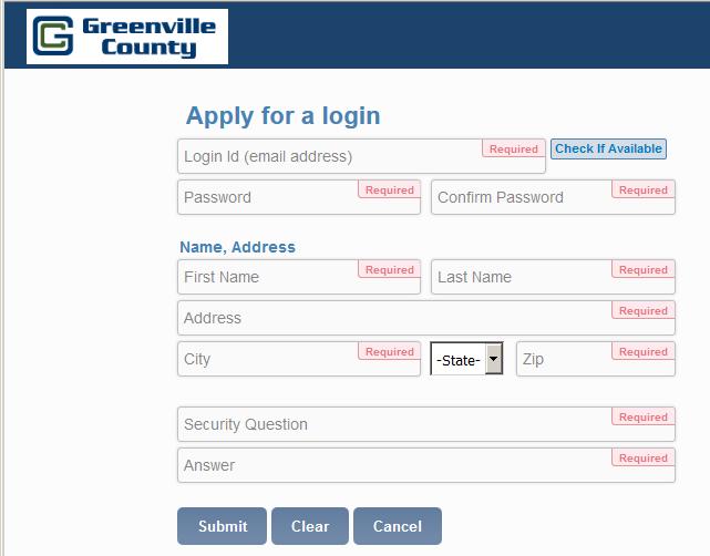 Once all fields have been completed in this section, click on submit. Send an email notice muhrinek@greenvillecounty.org to state that you have applied for a login.