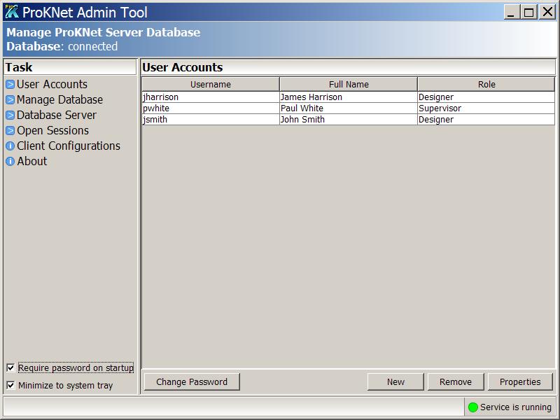 User Accounts New Create a New Account Remove Delete Selected Account Properties Change User