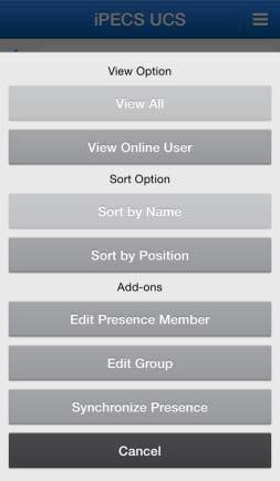 4.1.2 Presence View Option You can sort the list of members using the Option menu. Press the Option menu button then select the desired view and sort option. 4.1.2.1.1 Select view option View All: displays presence for all your members View Online User: displays presence only for members that are on-line 4.