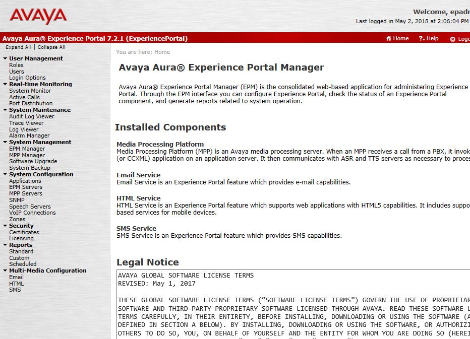 o./startup.sh 4.2. Add Speech Servers Avaya Aura Experience Portal is configured via the Experience Portal Manager (EPM) web interface.
