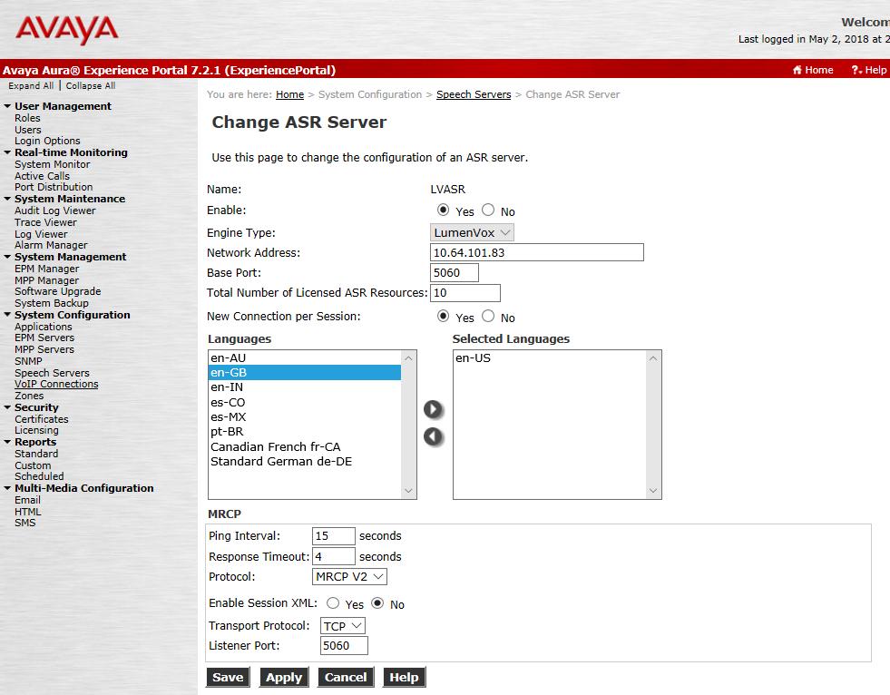 4.2.1. ASR Server To add an ASR server, click on the ASR tab, and click Add. Type in a Name. Set Enable to Yes. Set Engine Type to LumenVox.