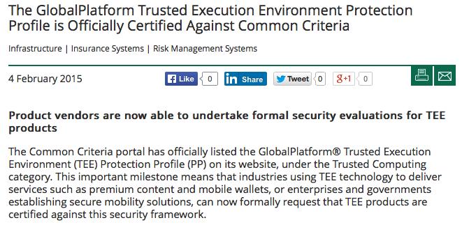 Proving It: GlobalPlatform TEE Certification GlobalPlatform has developed a TEE certification program 3 Month Evaluation Enables