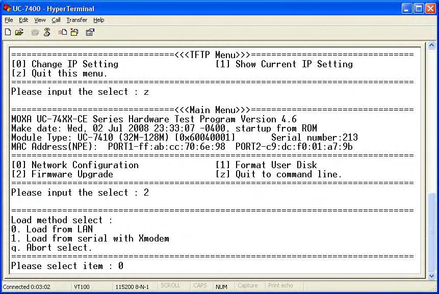 Select [z] Quit to command line to leave IP setting option, select [2]