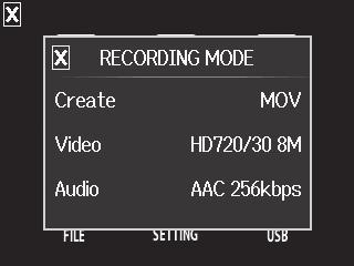 Recording mode settings You can change the video recording mode, video recording frame rate, resolution and audio quality. Increasing the video resolution decreases the possible recording time.