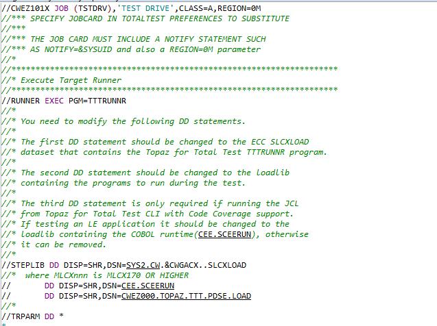 As noted in the JCL comments, you must add a job card as well as two steplib cards: main and concatenated.