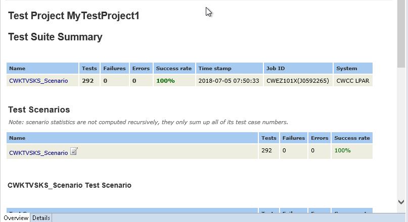 A status box similar to the one below will appear. Scroll through the various reports to learn about your completed unit test.