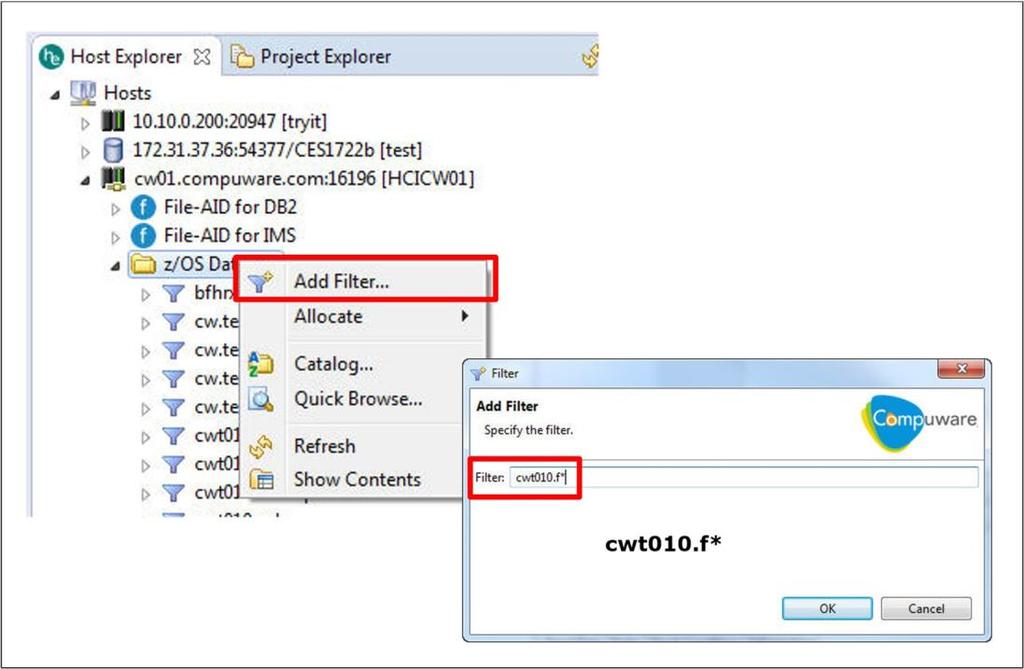 1. Leaving the z/os Datasets entry highlighted, right-click to display the context menu,