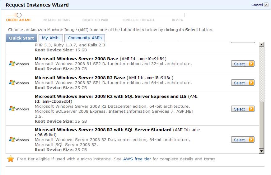 SAM 8.0 SP2 Deployment at AWS The first page of the wizard displays tabs listing different Amazon Machine Images (AMI) types. 4. Select an AMI from one of the tabs.