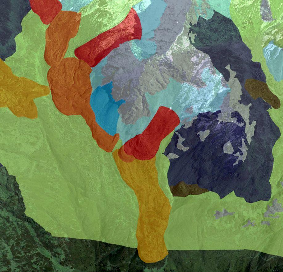 In contrast to the fixed 2D view in (b), the 3D visualization gives the user an enhanced insight into the structure of the depicted geomorphological objects.