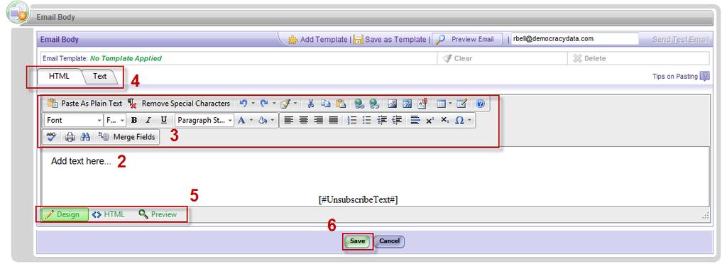 The text editing and formatting icons mimic the icons in Microsoft Word. 4. When selecting multipart emails, toggle between HTML and text-only versions of the email using the HTML and Text tabs.