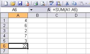 5. Type =Sum(A1:A5) and press <ENTER>. 6. You will see that the sum is displayed in cell A6 while the actual function is displayed in the Entry Bar.