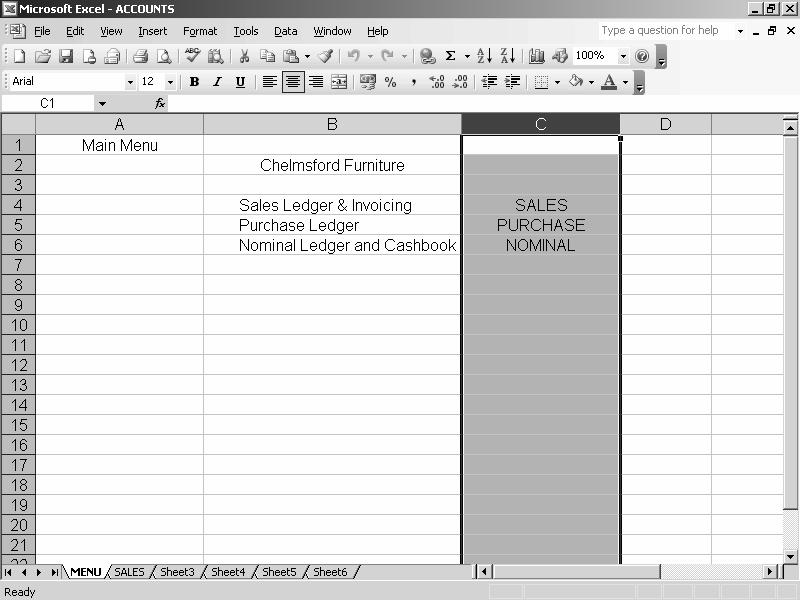 CENTRING TEXT IN A COMPLETE COLUMN Click on the C column heading to highlight the whole column Select Format, Cells, choose the Alignment tab, select Text alignment Horizontal Center, and then click