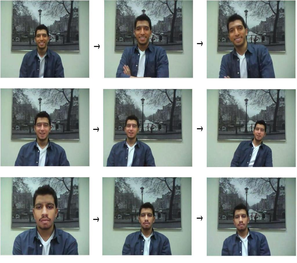 Figure 11: Example output sequence, each row shows three screen shots belonging to a different celebrity selection. For each frame in a row, note the differences in position, angle, and size.