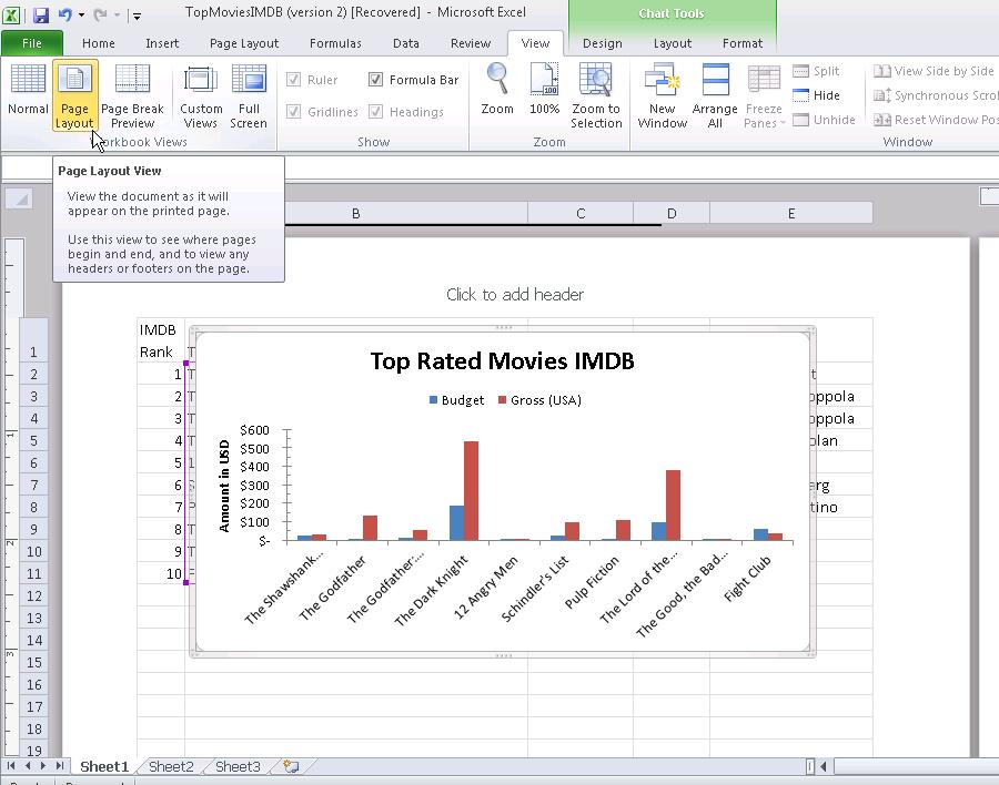 Choose New sheet and rename the sheet to TopRatedMovies then select OK When a chart is in its own tab, printing