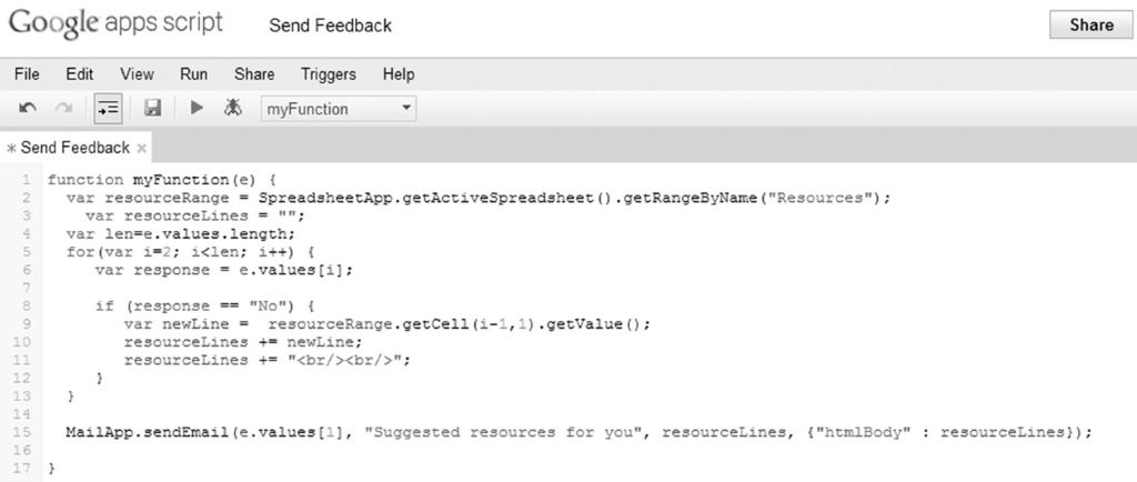 Figure 5. The script editor uses colors to make the code easier to read. resourcelines += <br/><br/> ; MailApp.sendEmail(e.