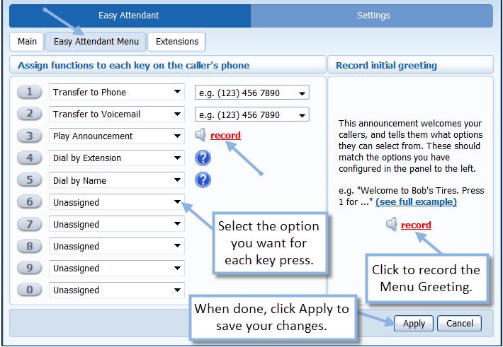 Figure 10 Create an Easy Attendant Menu Functions: Unassigned Your callers will be informed that it is an invalid extension should they press this key.