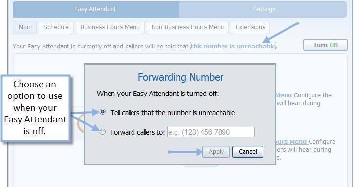 Figure 4 Forwarding Number Remember: If you initially chose to offer your callers more than one menu, from the Main tab you can always choose to Switch to using a single menu using the link at the