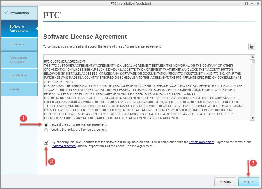 Kliknite I accept the software license agreement in obkljukajte okno ob