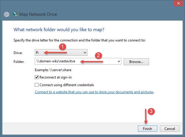 V polje Folder v oknu Map network drive torej zapišete dve poševnici v levo, ime računalnika, poševnica v levo in nastavitve.