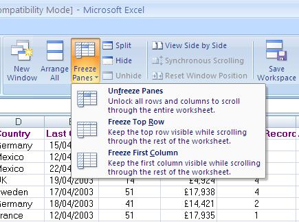 Working with large sheets Freeze panes To Freeze the top row or first column to prevent the screen scrolling, click on the Freeze Panes button in the Window group on the View tab.