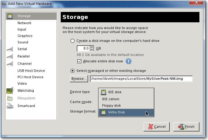 In the Storage dialog box, make the following selections.