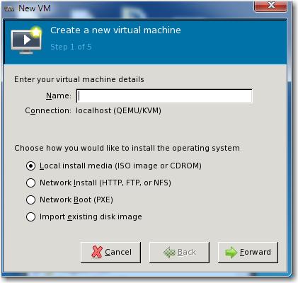 Returning to the Virtual Machine Manager window, move the mouse over the tool bar to find and click the icon for Create a new virtual machine.