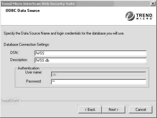 Chapter 2: Installing and Removing database. The default User name is sa. Enter a password for the database connection. Click Next.