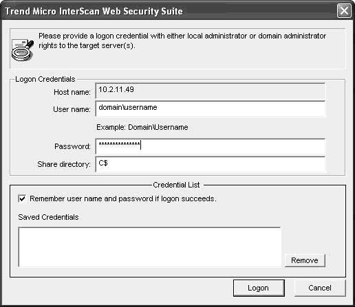 Trend Micro InterScan Web Security Suite Installation Guide logon and use it for successive installs or removals, select Remember user name