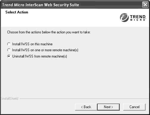 Trend Micro InterScan Web Security Suite Installation Guide 2. Select Uninstall IWSS from remote machine(s) and click Next. FIGURE 2-28 Choose Uninstall IWSS from remote machine(s) 3.