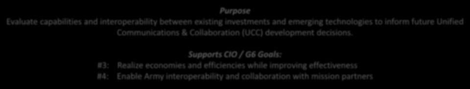 Purpose Evaluate capabilities and interoperability between existing investments and emerging technologies to inform future Unified Communications & Collaboration (UCC) development decisions.