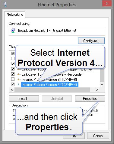 3 In the Ethernet Status dialog, click Properties.