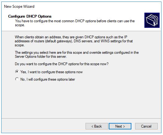 22. From Configure DHCP Options select "Yes, i want to