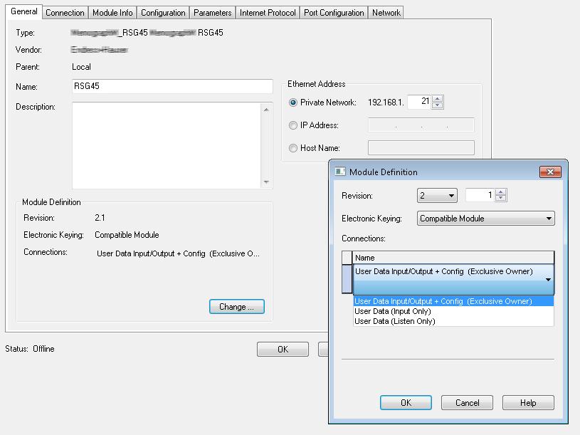 3.1.4.1 Selection of the type of connection using "Studio 5000 Logix Designer": The type of connection is selected in the "General" tab by clicking the "Change" button in this tab.