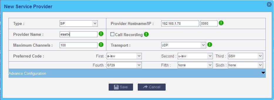 5. Create Service Provider to connect two IP PBXes Service Provider is used to interconnect two IP PBXes, it must be created in both IP PBXes, after setting service provider and outbound route,
