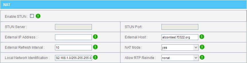 NAT The External IP, External Host and Local Network Identification settings are used if you use IPPBX behind a NAT device to communicate with services on the outside.